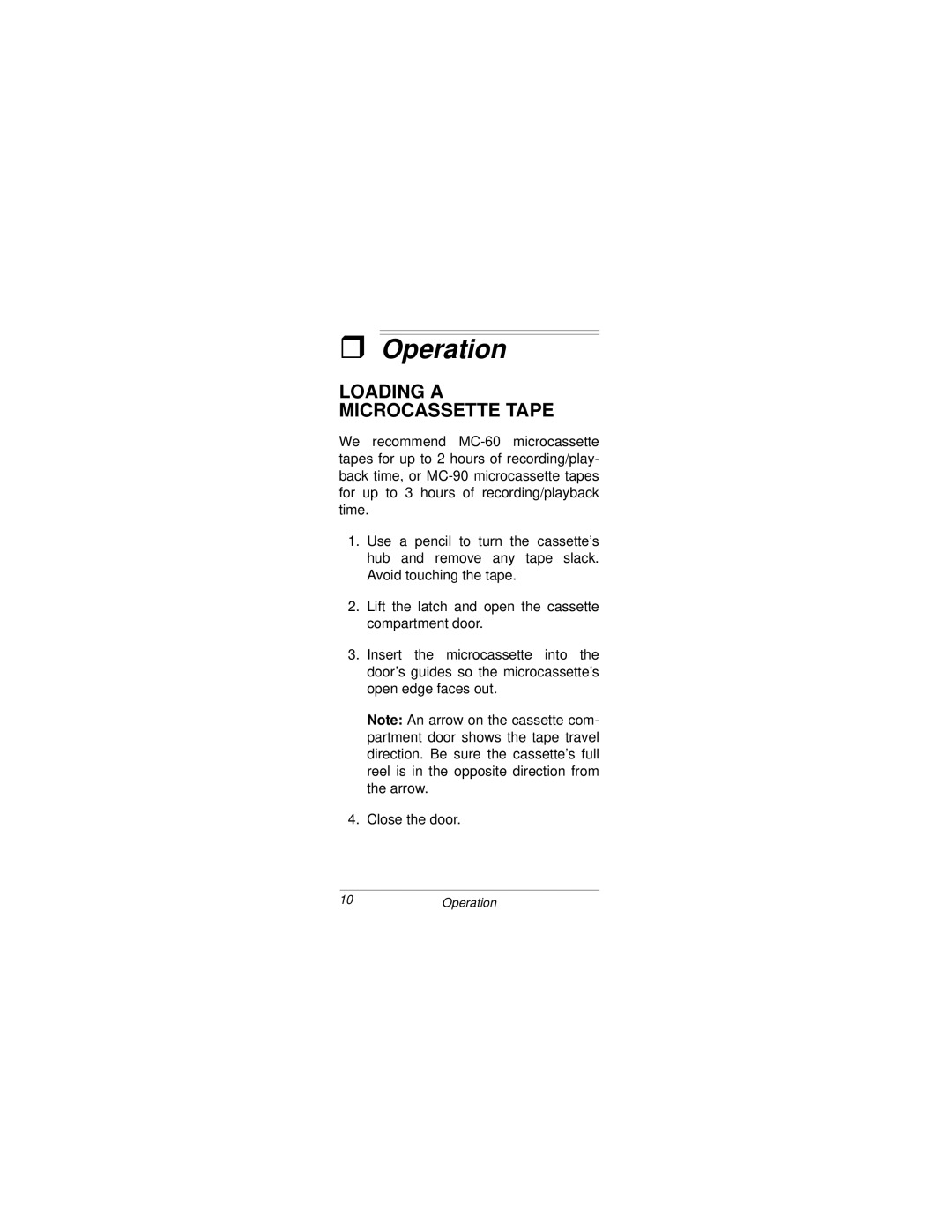 Radio Shack MICRO-36 owner manual ˆ Operation, Loading a Microcassette Tape 