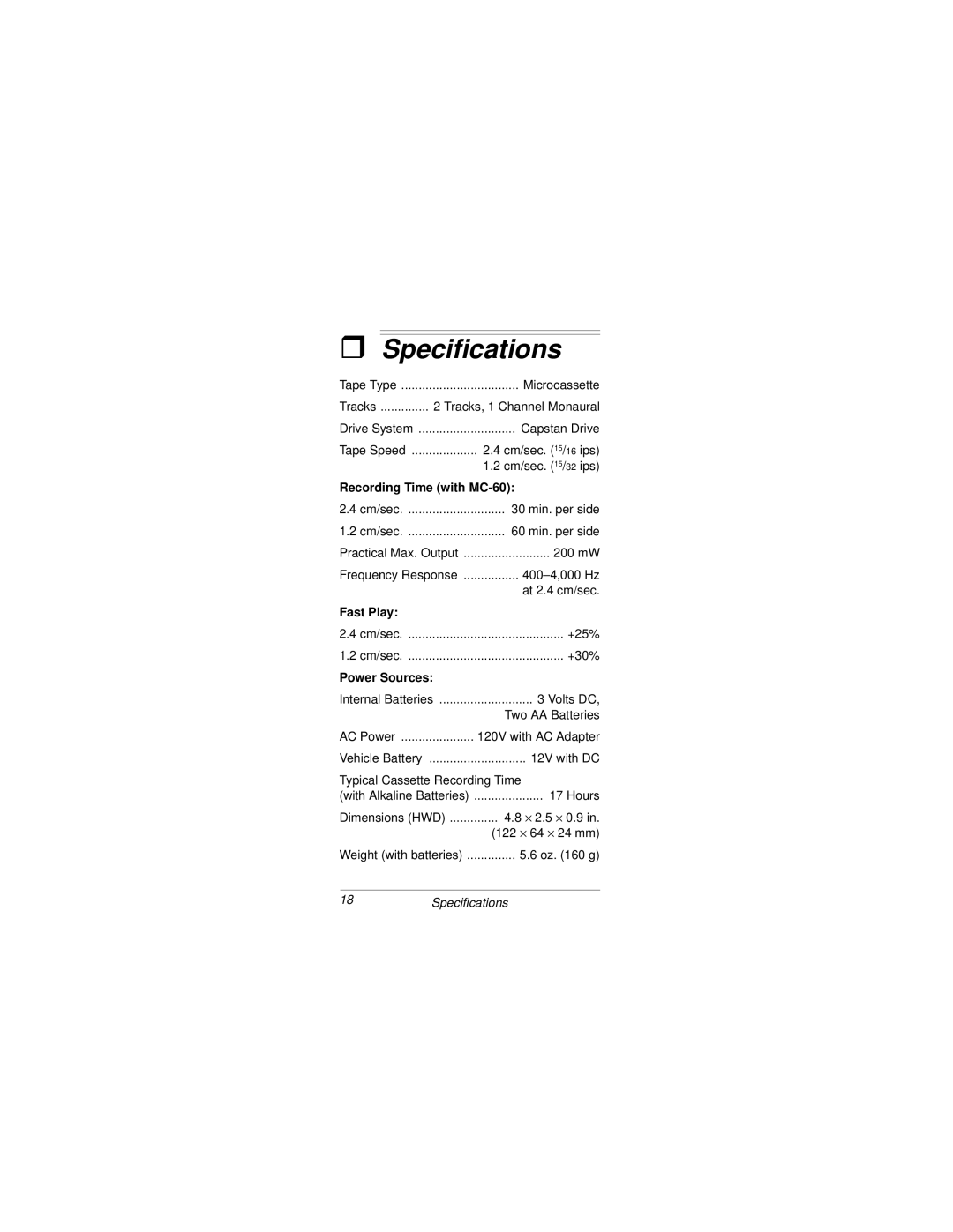 Radio Shack MICRO-36 owner manual ˆ Specifications, Recording Time with MC-60 