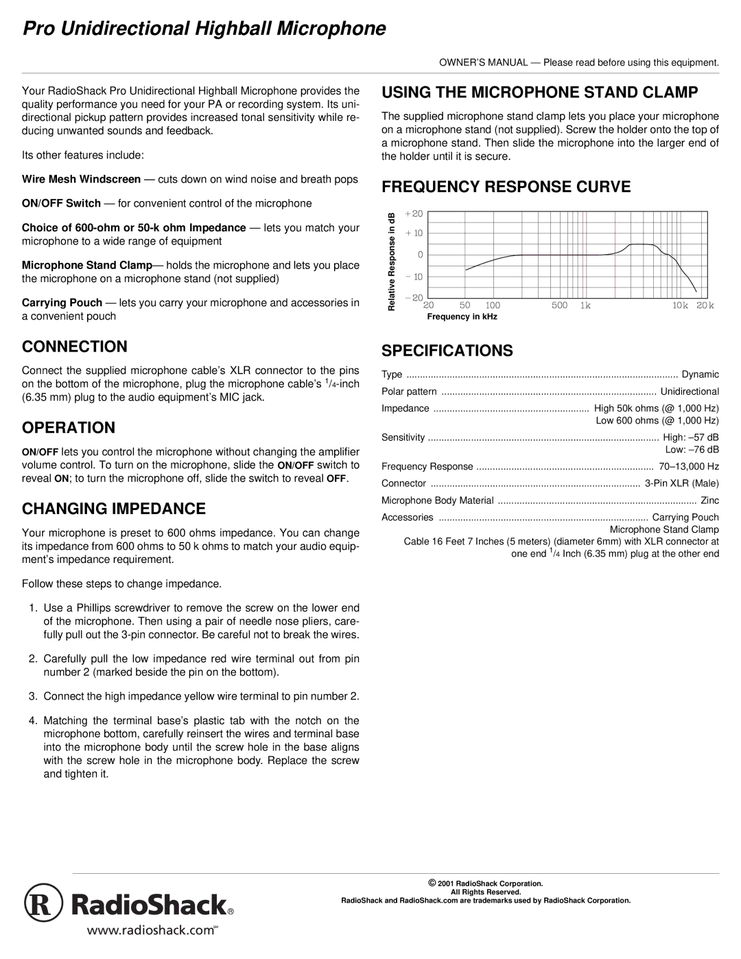 Radio Shack specifications Using the Microphone Stand Clamp, Frequency Response Curve, Connection, Operation 