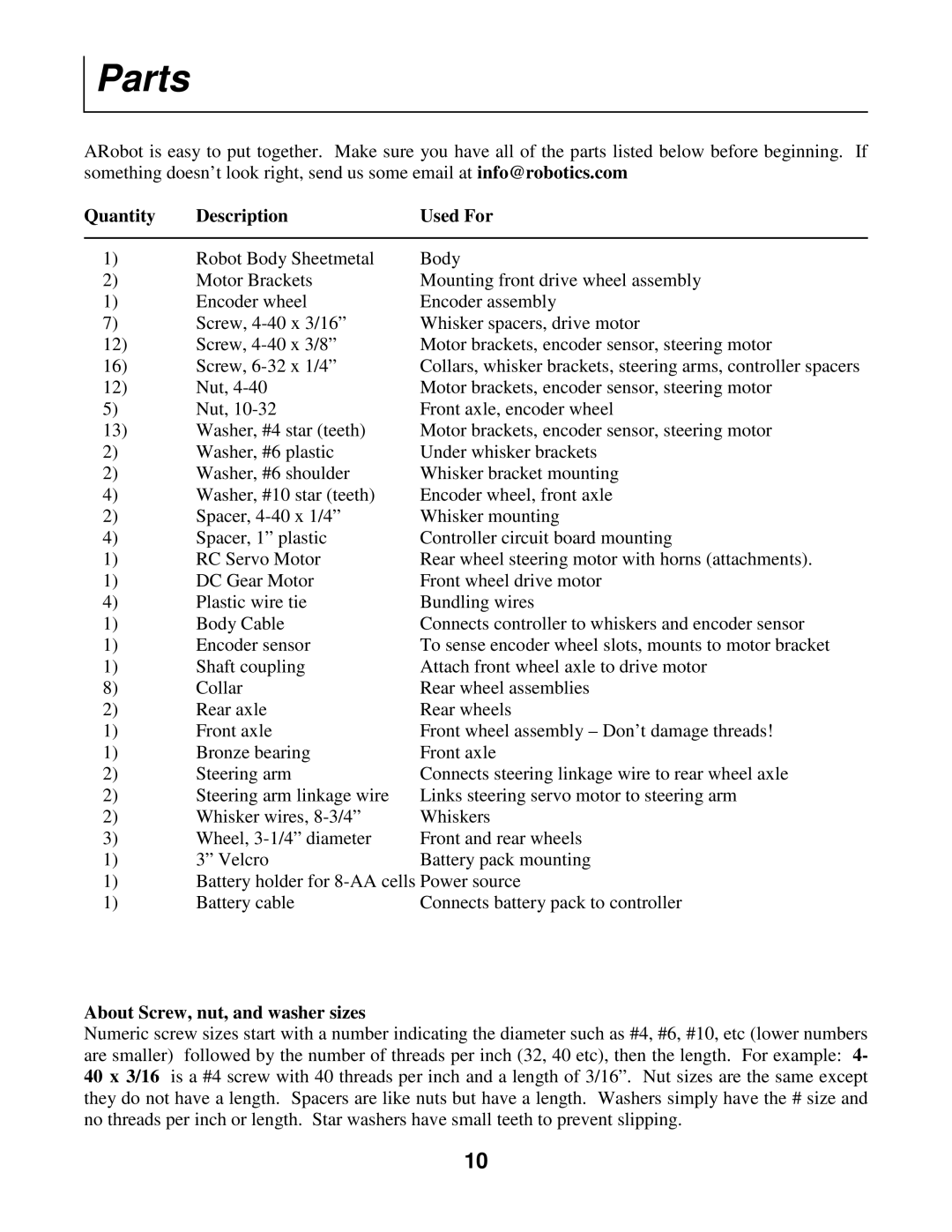 Radio Shack Mobile Robot manual Parts, Quantity Description Used For, About Screw, nut, and washer sizes 