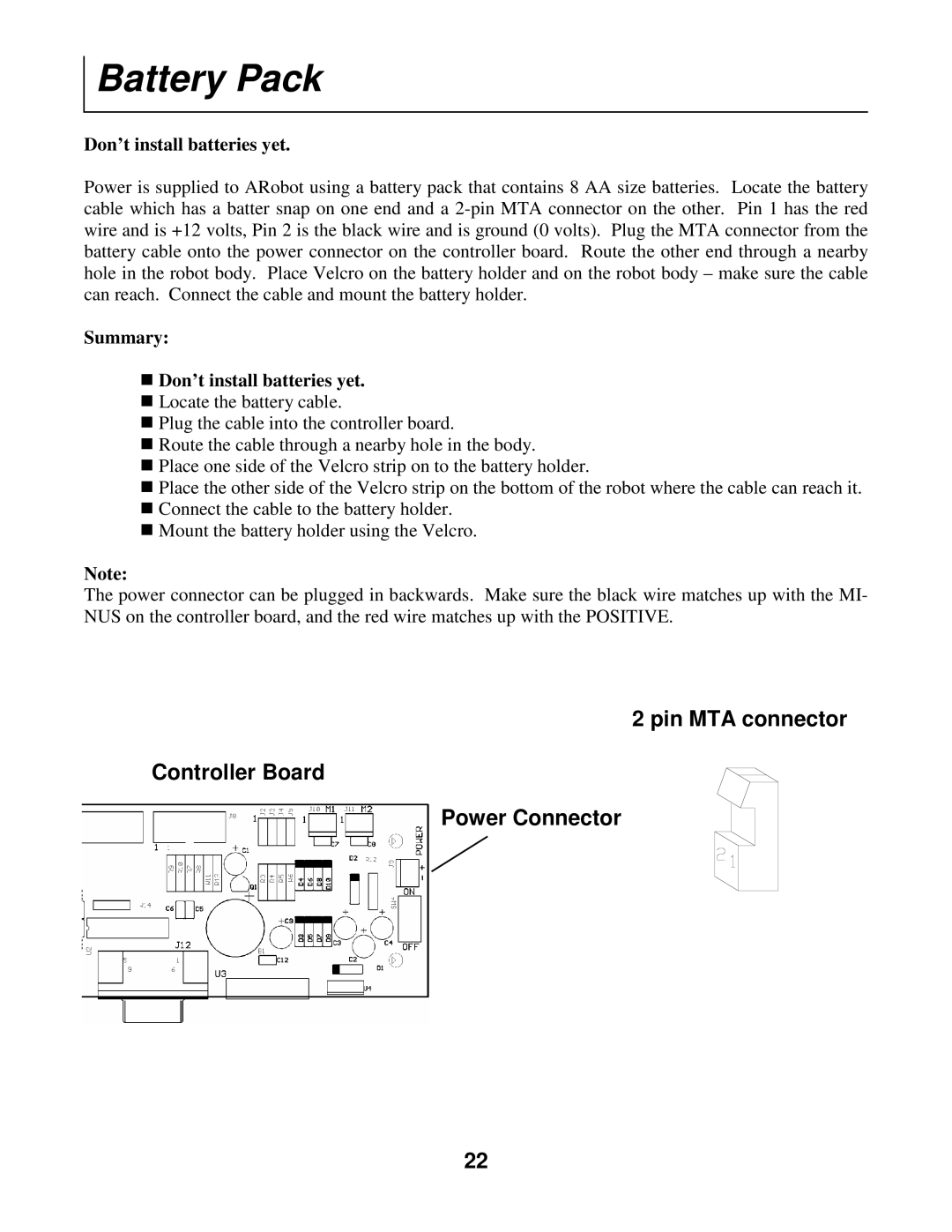 Radio Shack Mobile Robot manual Battery Pack, Summary Don’t install batteries yet 