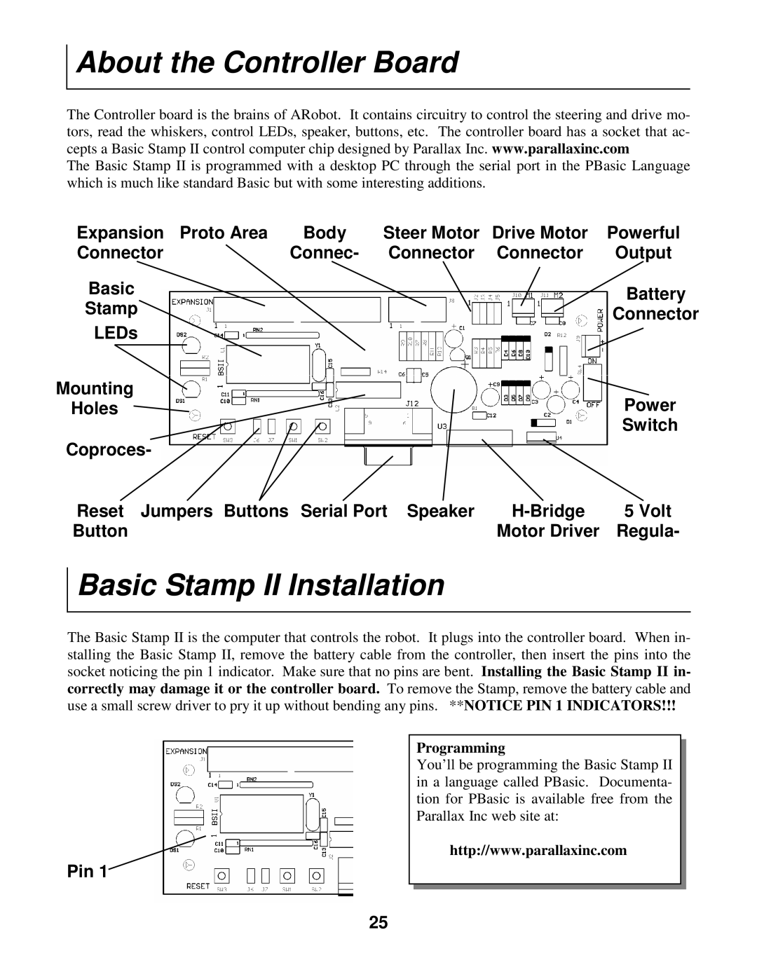 Radio Shack Mobile Robot manual About the Controller Board, Basic Stamp II Installation, Programming 