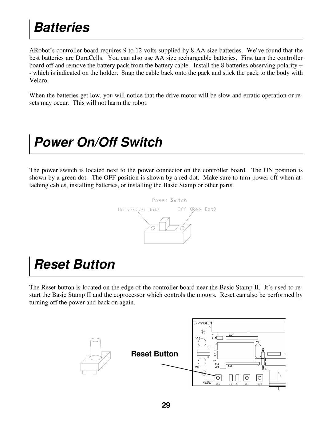 Radio Shack Mobile Robot manual Batteries, Power On/Off Switch, Reset Button 