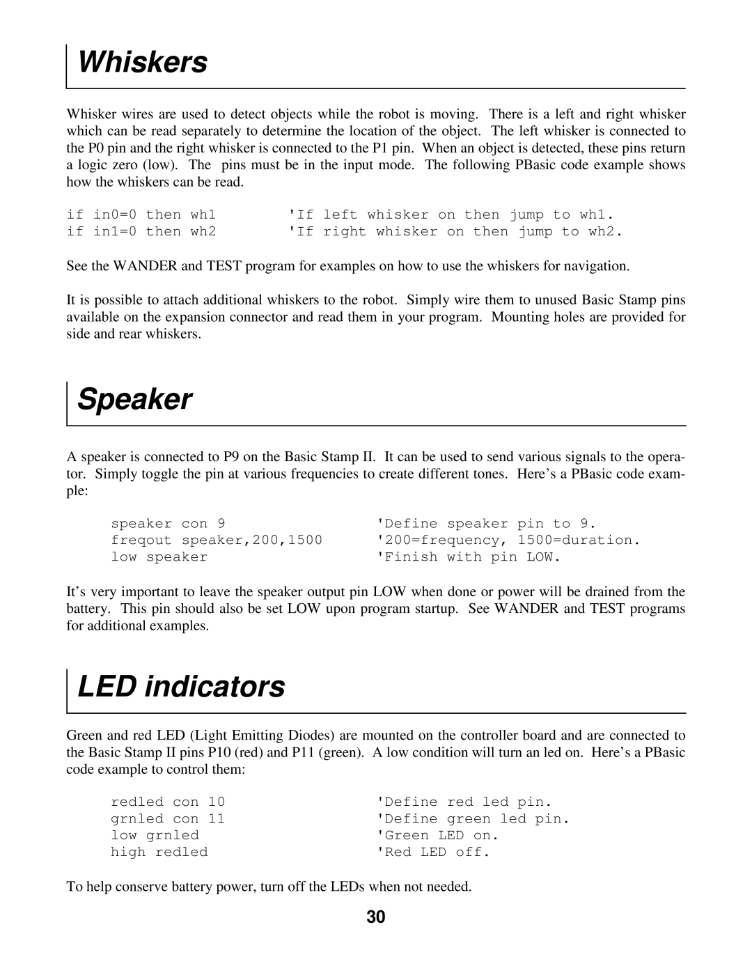 Radio Shack Mobile Robot manual Speaker, LED indicators 