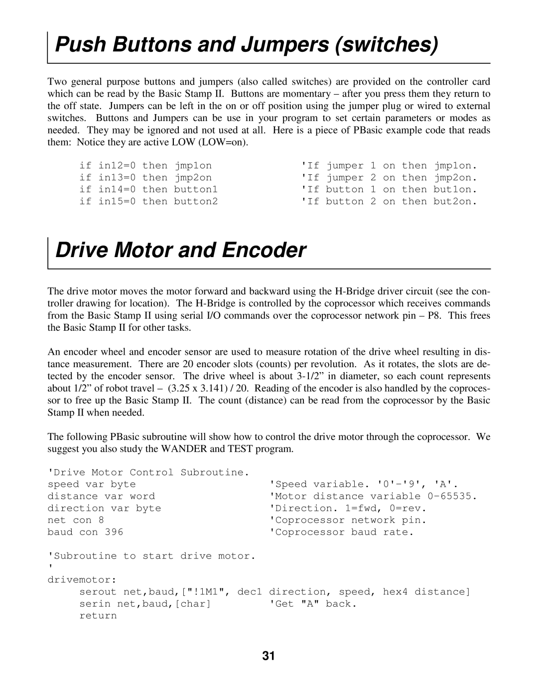 Radio Shack Mobile Robot manual Push Buttons and Jumpers switches, Drive Motor and Encoder 