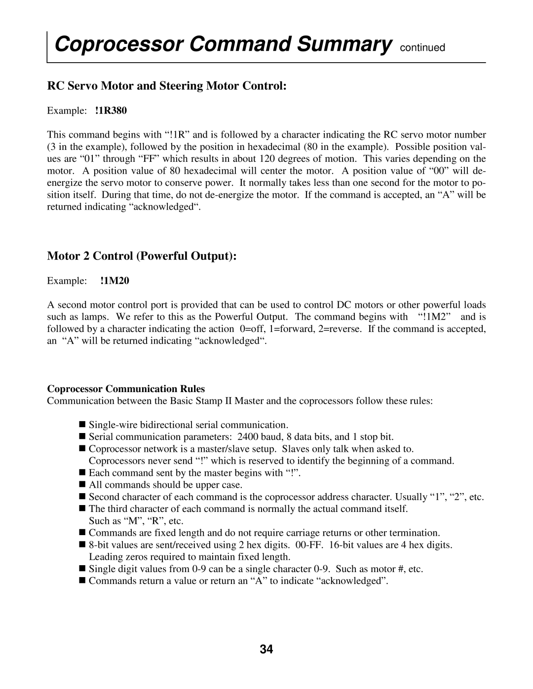 Radio Shack Mobile Robot manual RC Servo Motor and Steering Motor Control, Coprocessor Communication Rules 