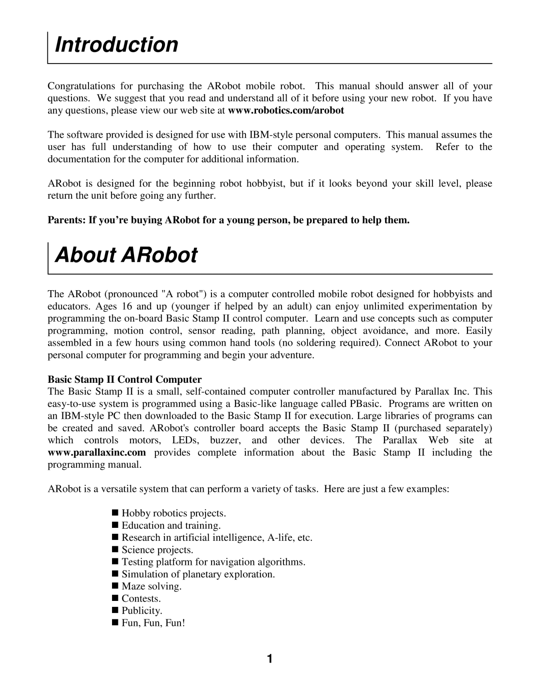 Radio Shack Mobile Robot manual Introduction, About ARobot, Basic Stamp II Control Computer 