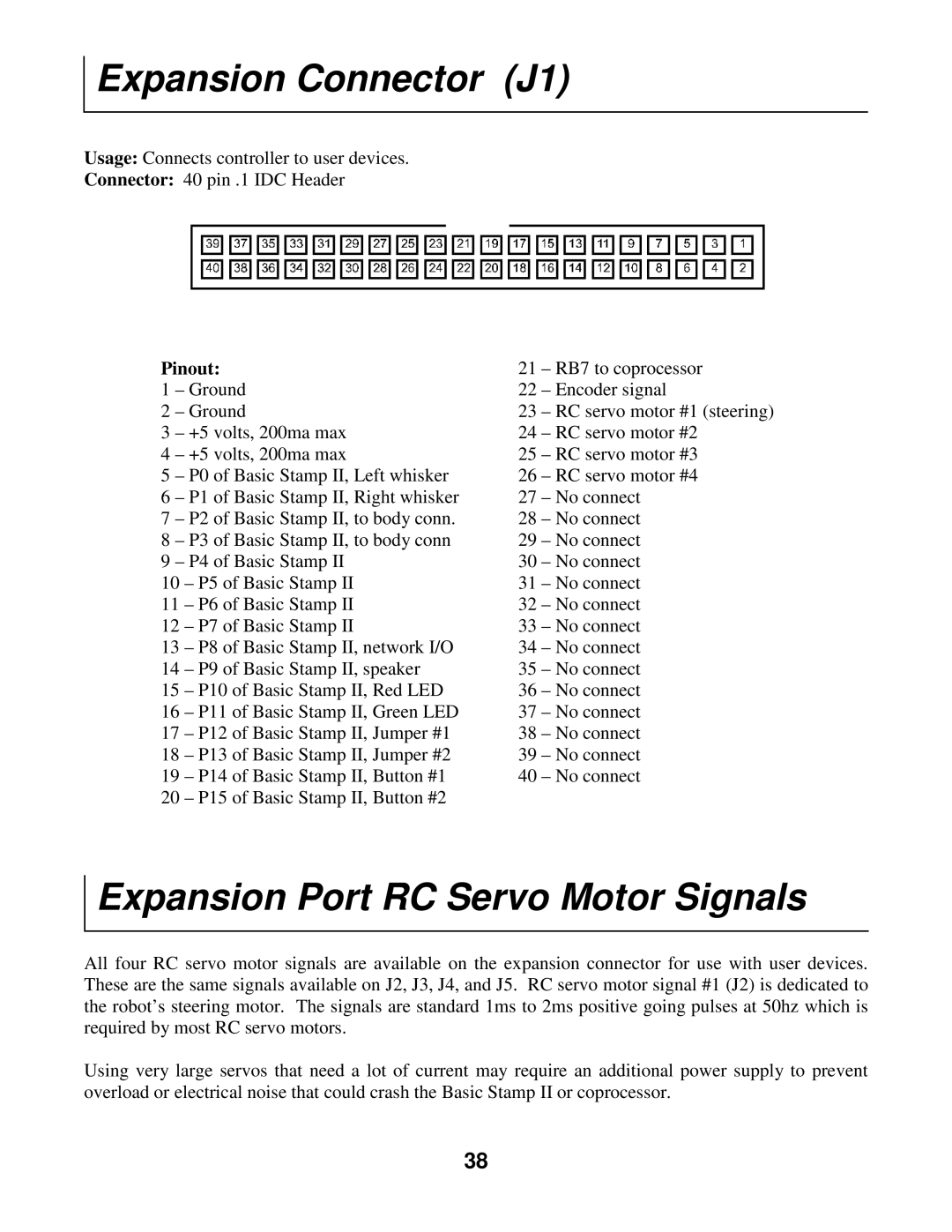 Radio Shack Mobile Robot manual Expansion Connector J1, Expansion Port RC Servo Motor Signals 