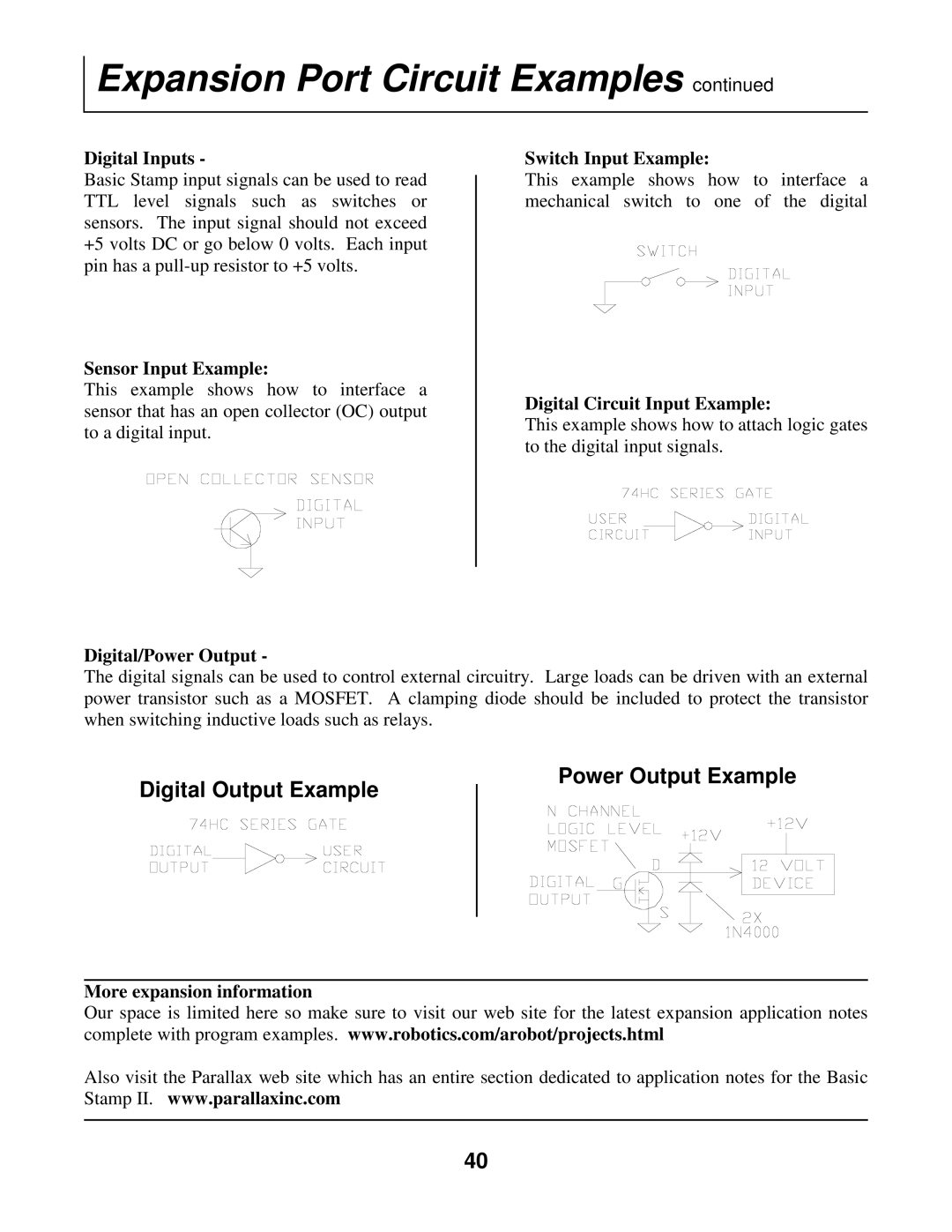 Radio Shack Mobile Robot manual Digital Inputs, Sensor Input Example, Switch Input Example, Digital Circuit Input Example 