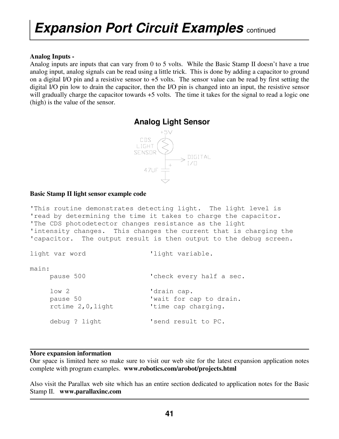 Radio Shack Mobile Robot manual Analog Inputs, Basic Stamp II light sensor example code 