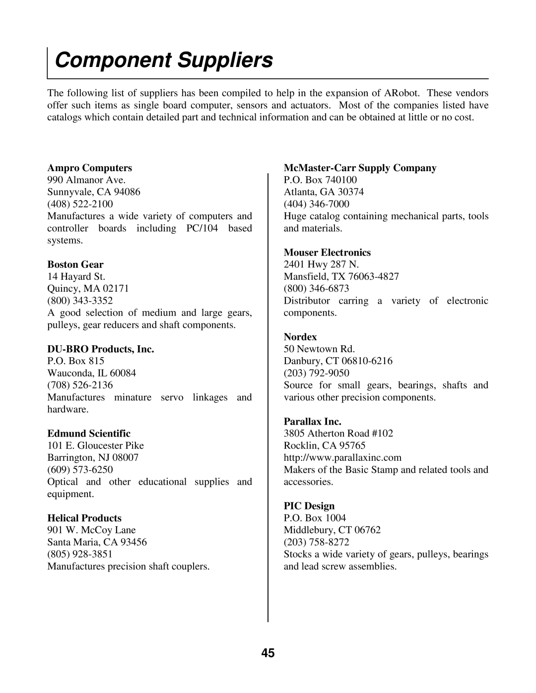 Radio Shack Mobile Robot manual Component Suppliers 