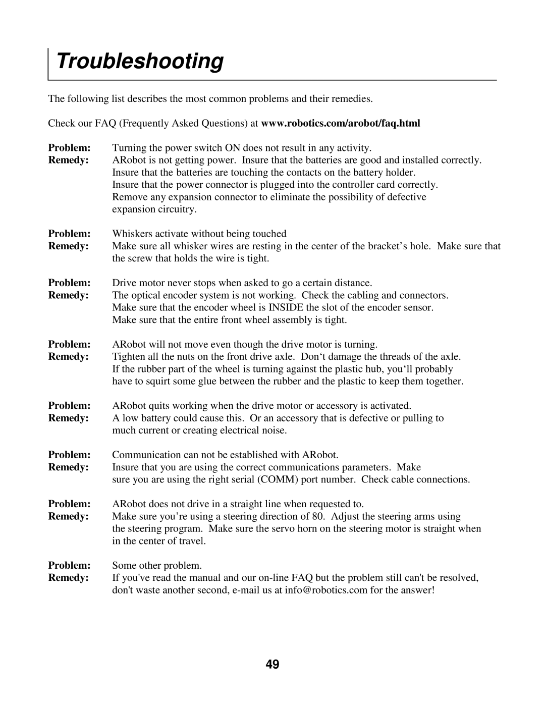 Radio Shack Mobile Robot manual Troubleshooting 