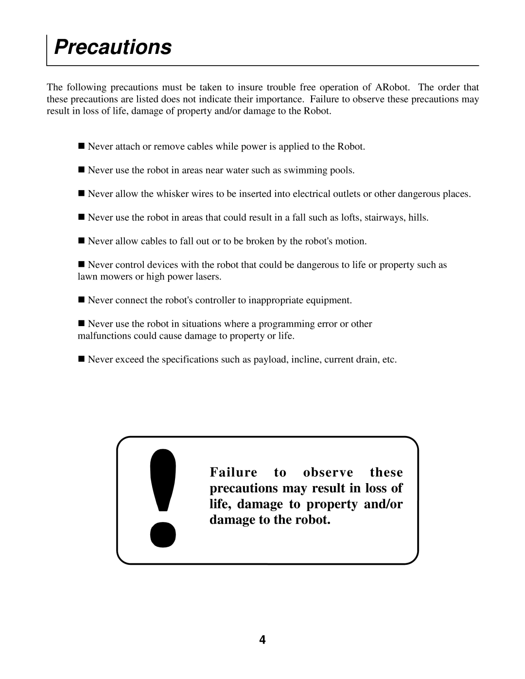 Radio Shack Mobile Robot manual Precautions 