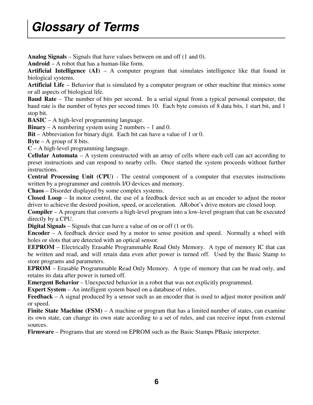 Radio Shack Mobile Robot manual Glossary of Terms 