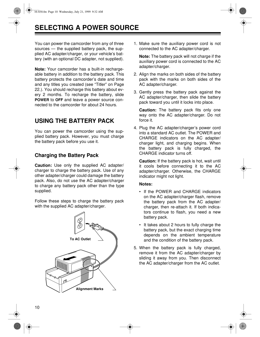 Radio Shack Model 130 Moviecorder owner manual Selecting a Power Source, Using the Battery Pack, Charging the Battery Pack 