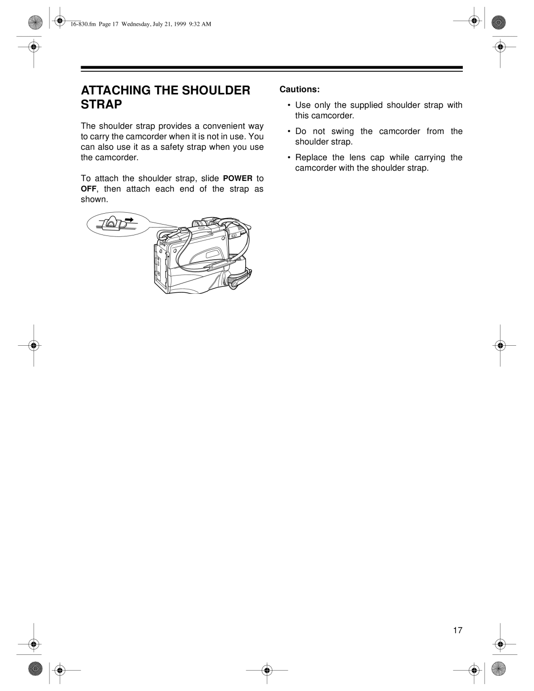 Radio Shack Model 130 Moviecorder owner manual Attaching the Shoulder Strap 