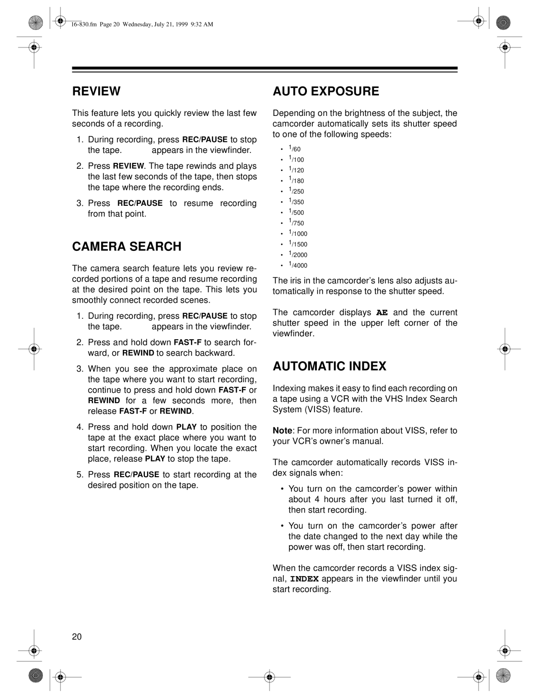 Radio Shack Model 130 Moviecorder owner manual Review, Camera Search, Auto Exposure, Automatic Index 