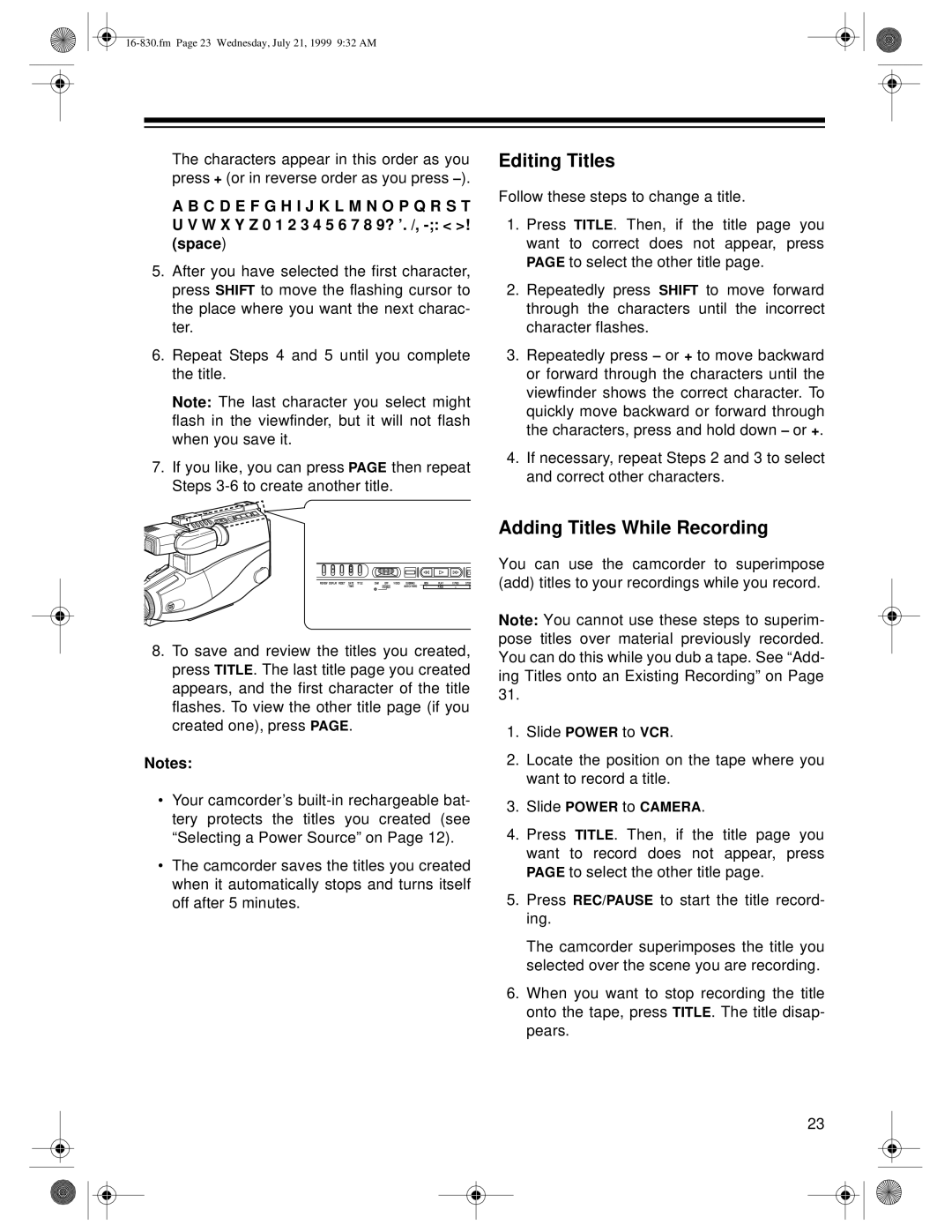 Radio Shack Model 130 Moviecorder owner manual Editing Titles, Adding Titles While Recording 