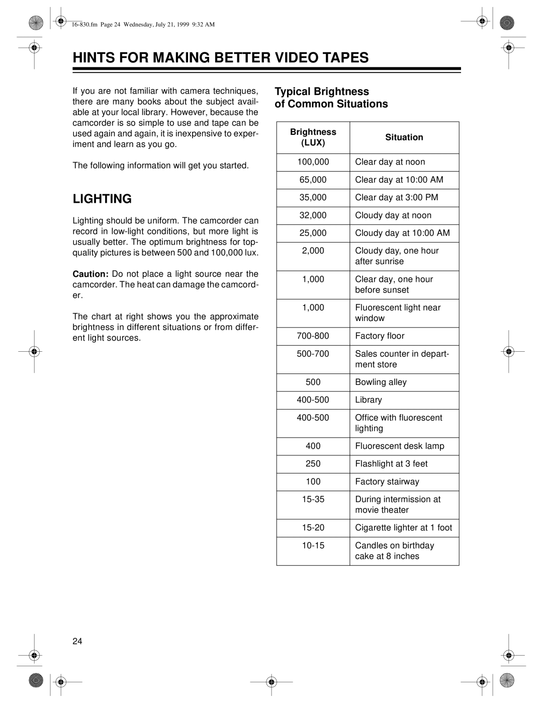 Radio Shack Model 130 Moviecorder Hints for Making Better Video Tapes, Lighting, Typical Brightness Common Situations 