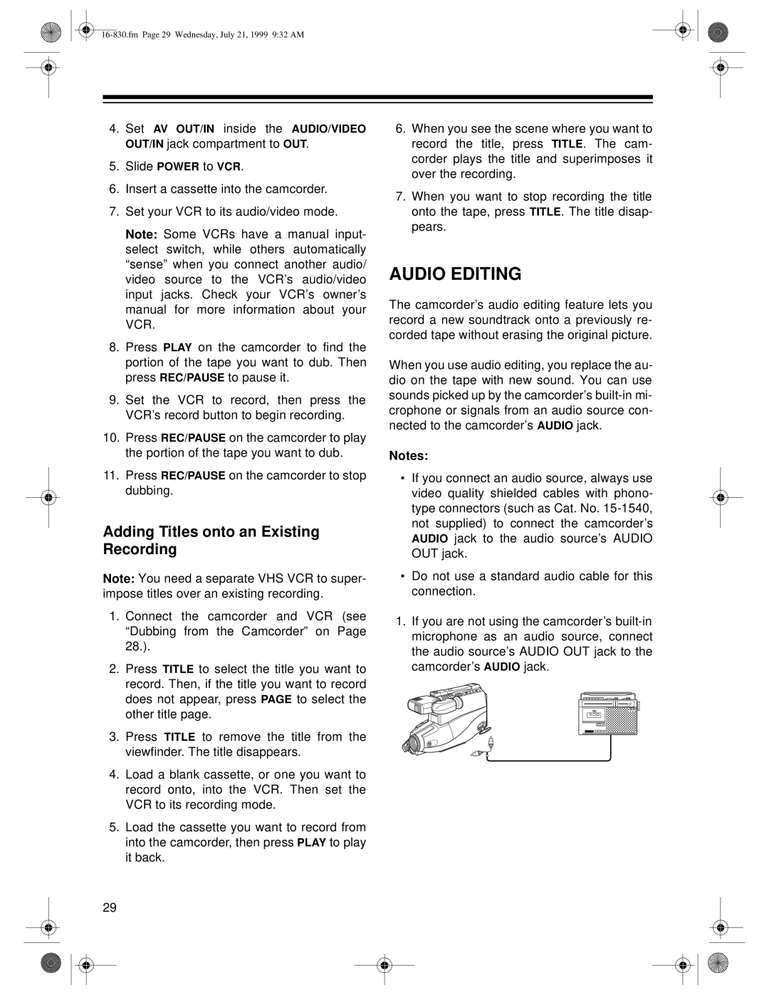 Radio Shack Model 130 Moviecorder owner manual Audio Editing, Adding Titles onto an Existing Recording 