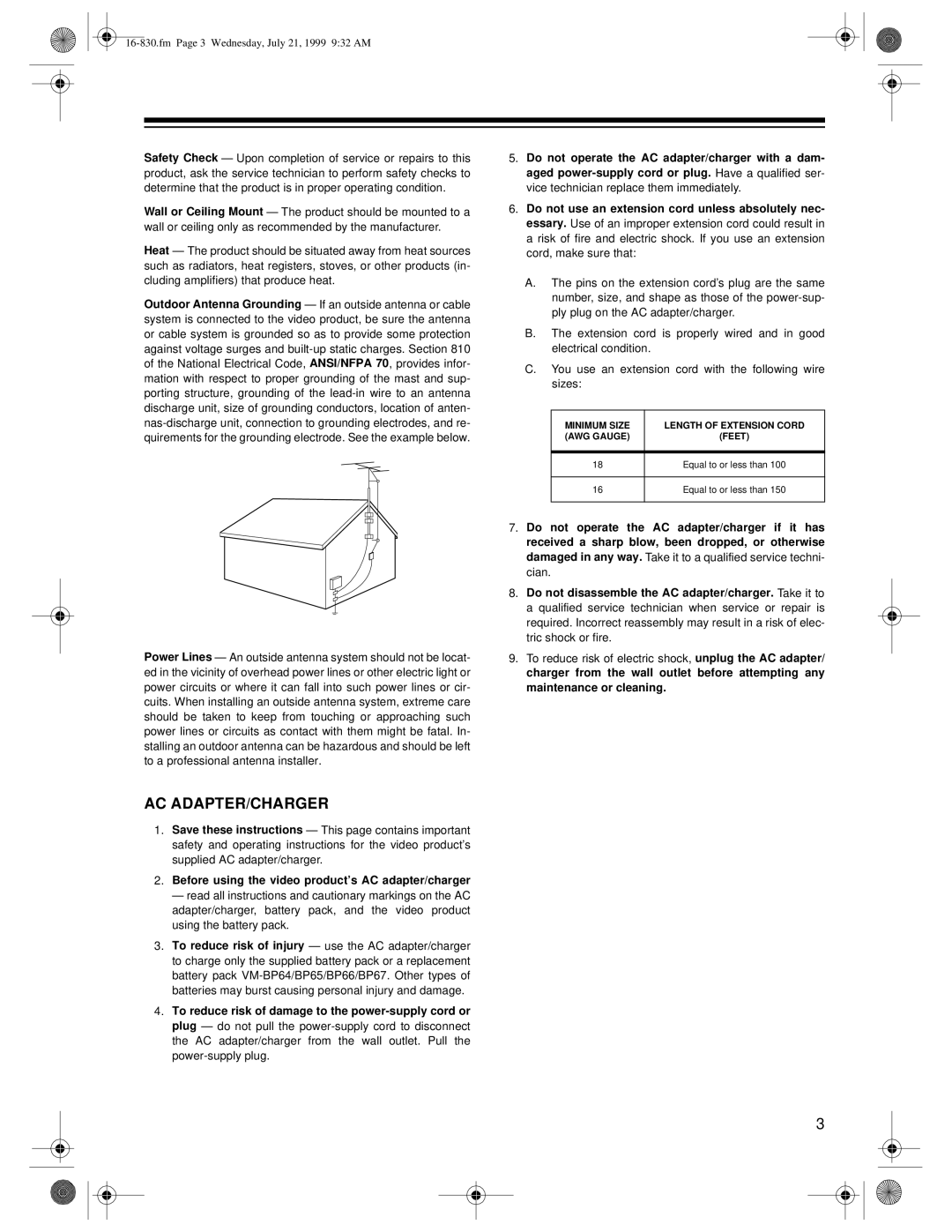 Radio Shack Model 130 Moviecorder owner manual Ac Adapter/Charger 