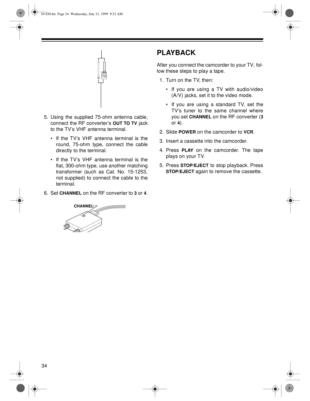 Radio Shack Model 130 Moviecorder owner manual Playback 