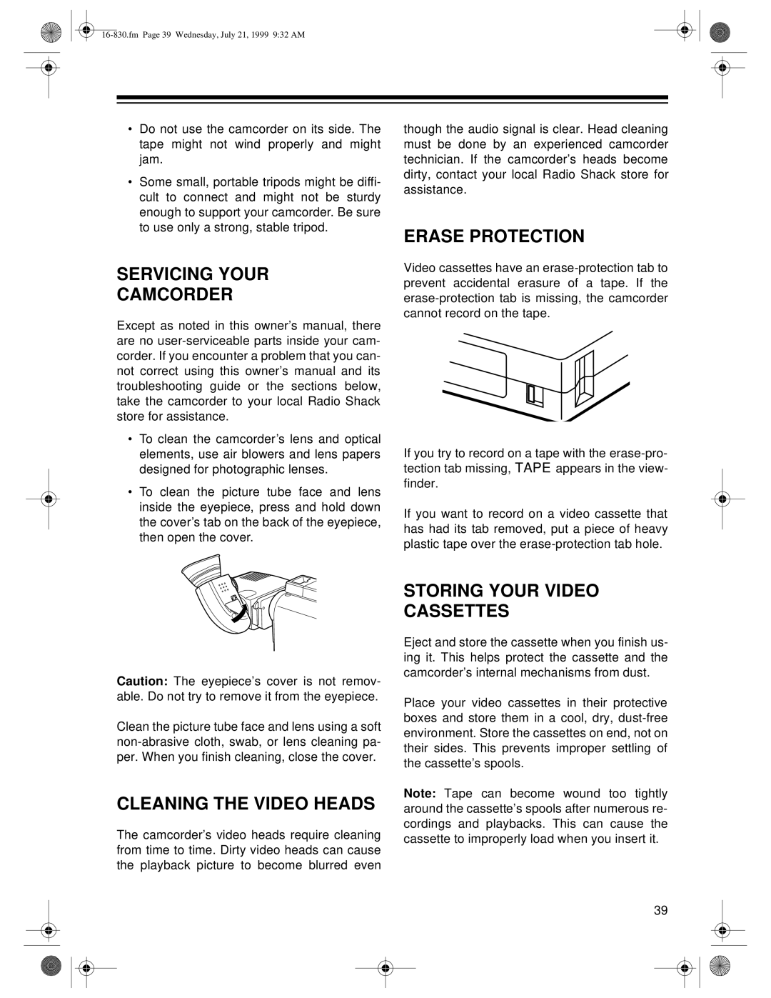 Radio Shack Model 130 Moviecorder owner manual Servicing Your Camcorder, Erase Protection, Cleaning the Video Heads 