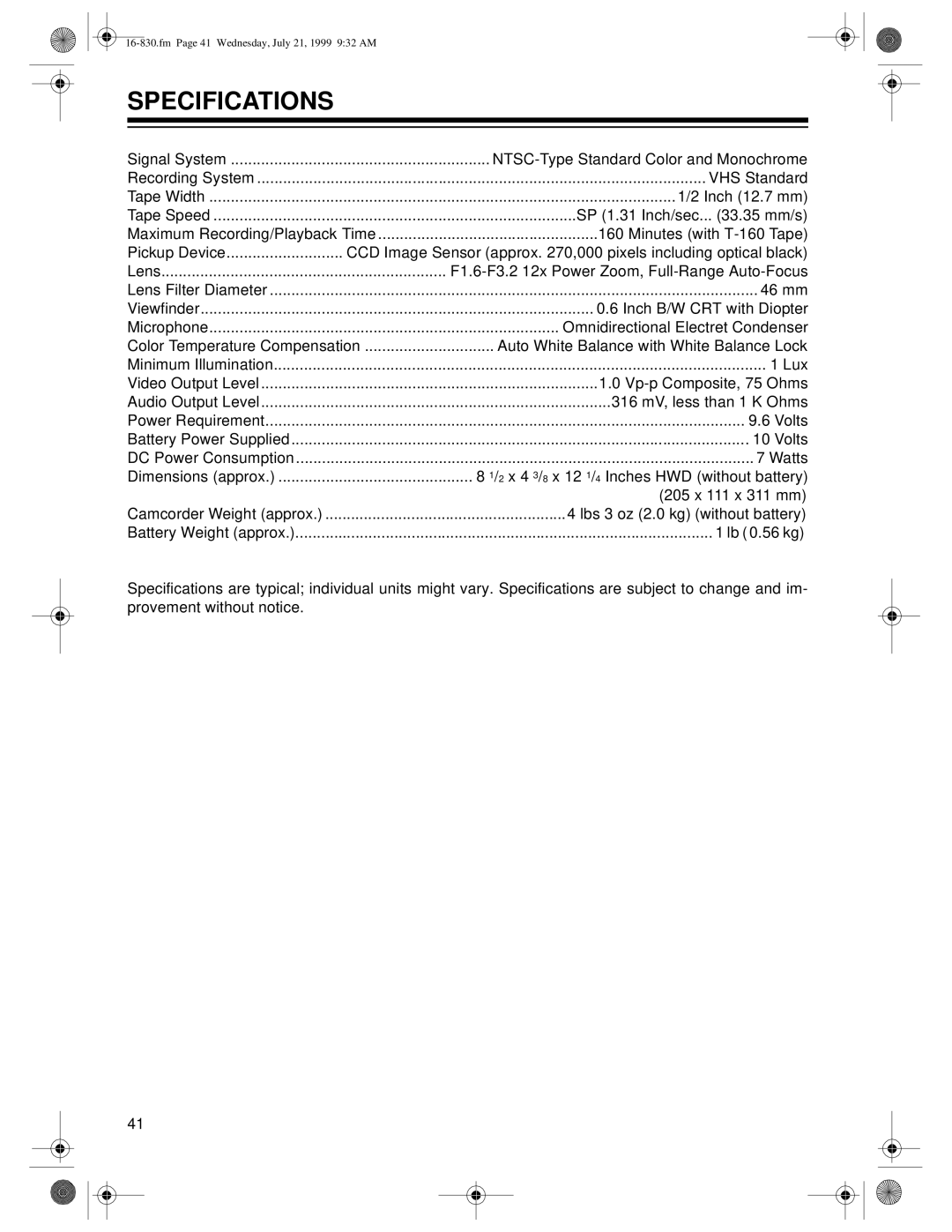 Radio Shack Model 130 Moviecorder owner manual Specifications 