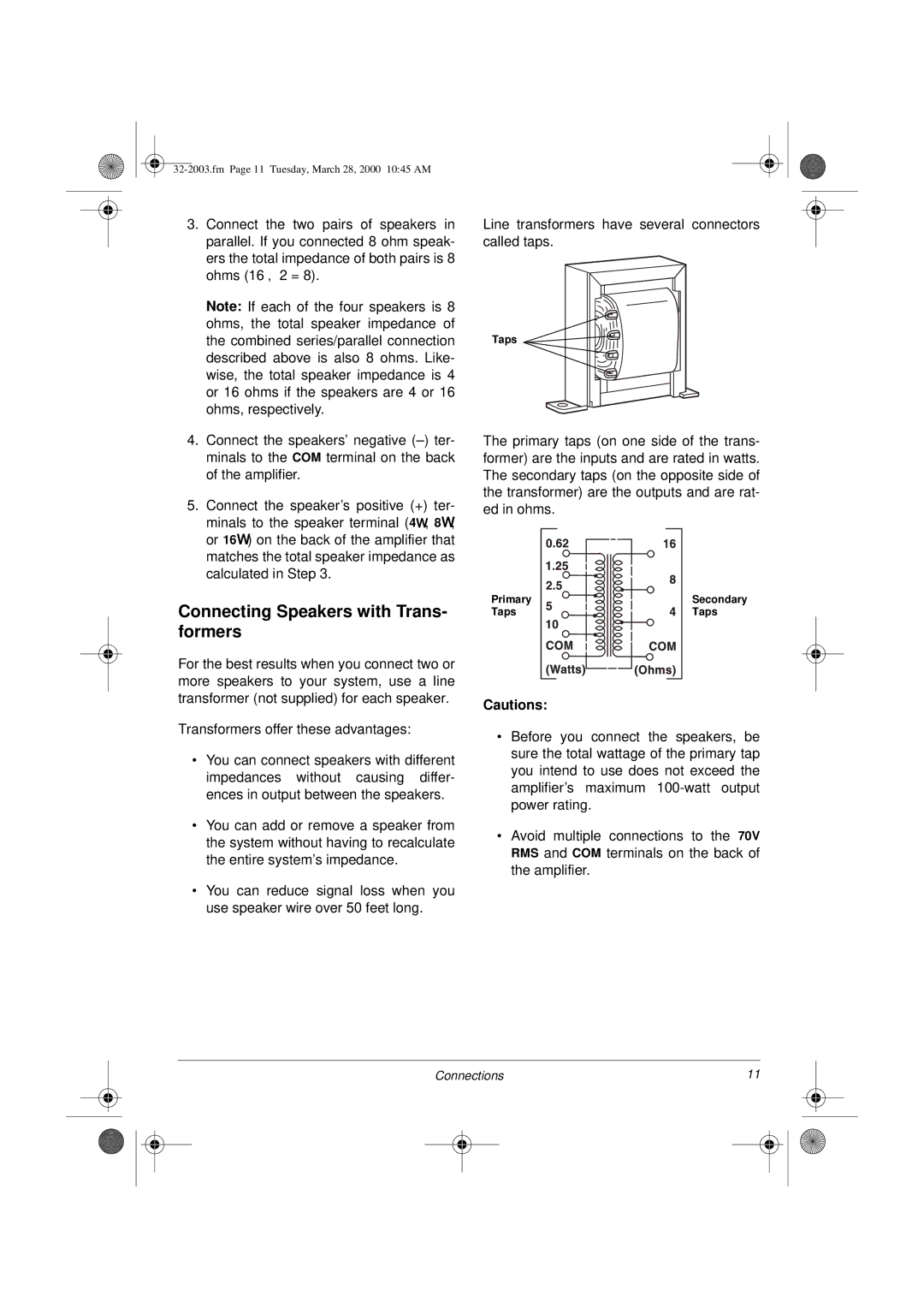 Radio Shack MPA-125 owner manual Connecting Speakers with Trans- formers, Transformers offer these advantages 