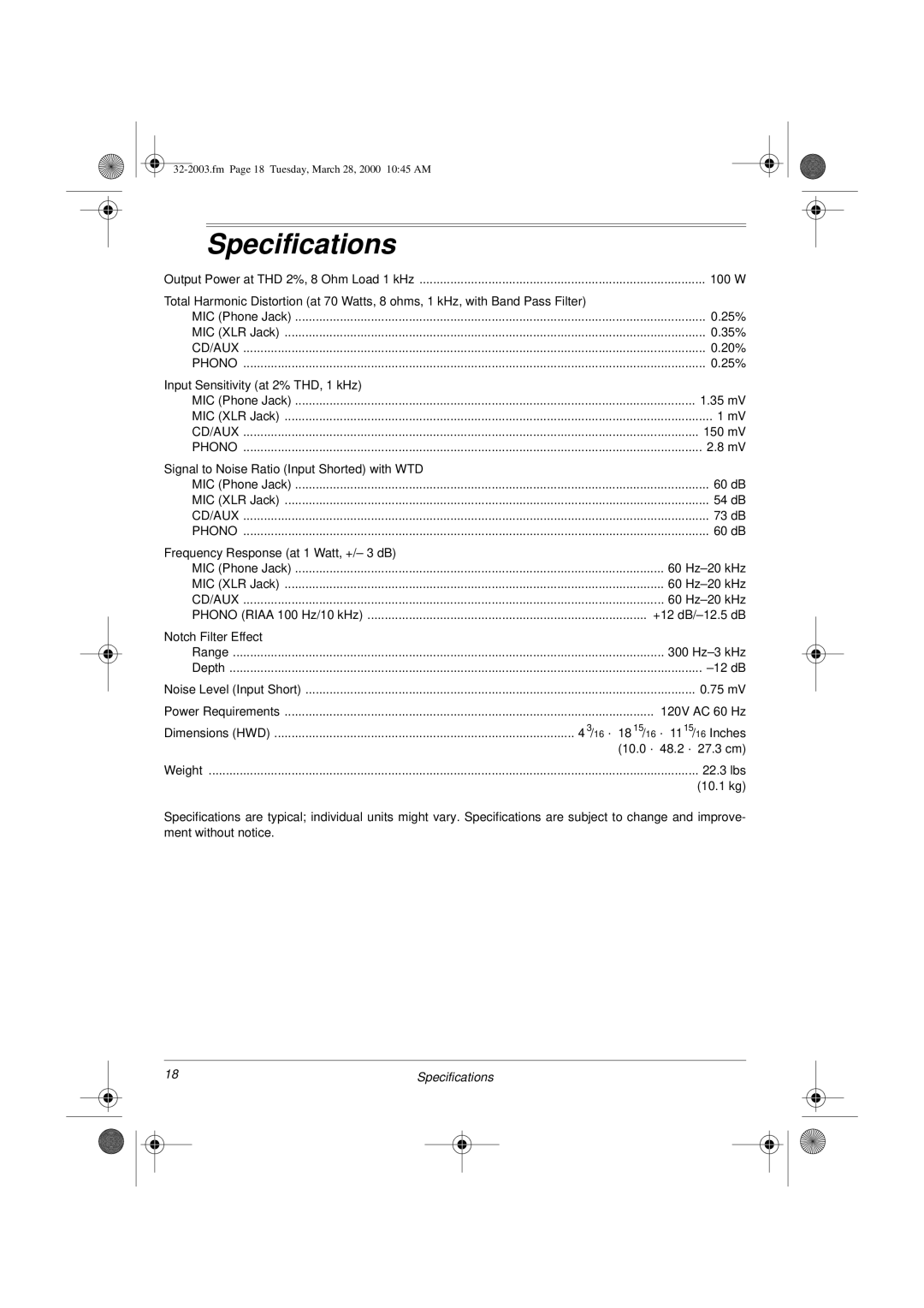 Radio Shack MPA-125 owner manual Specifications 