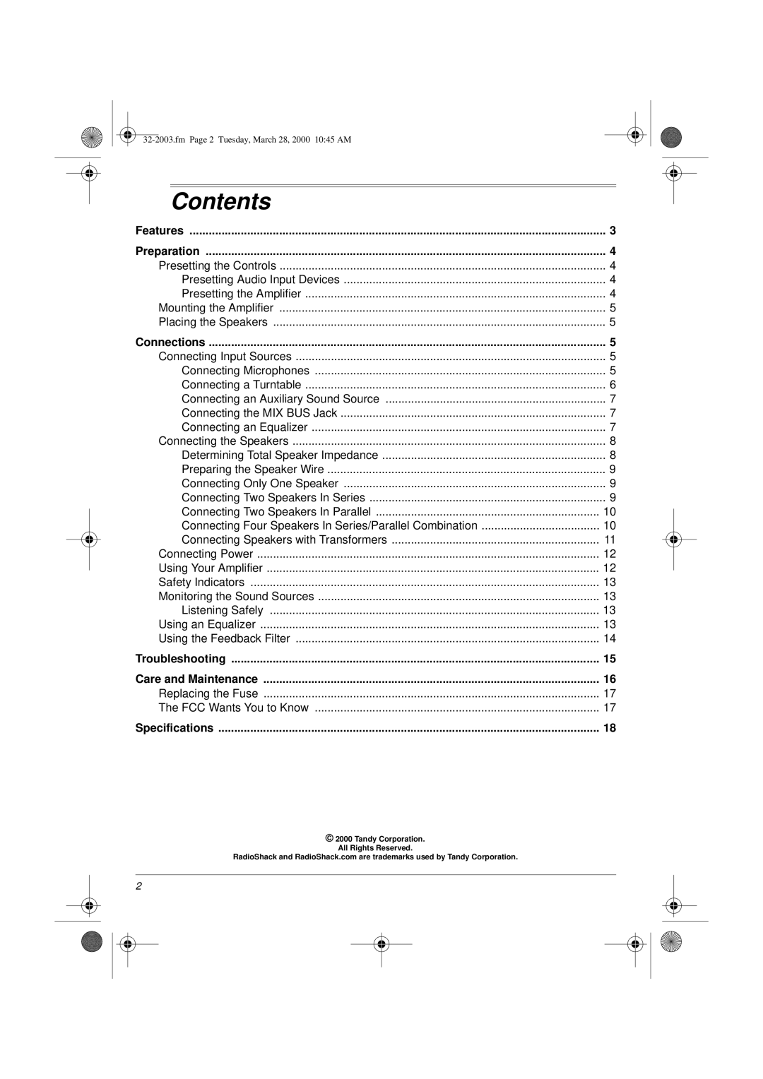 Radio Shack MPA-125 owner manual Contents 