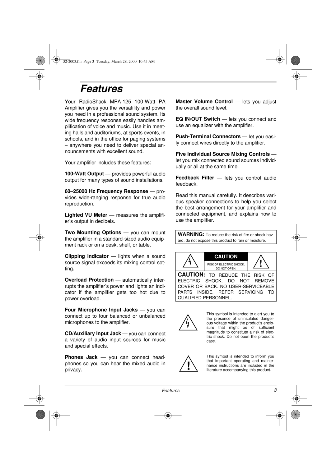 Radio Shack MPA-125 owner manual Features, Master Volume Control lets you adjust 