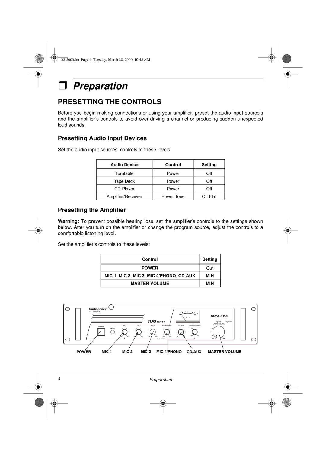 Radio Shack MPA-125 Preparation, Presetting the Controls, Presetting Audio Input Devices, Presetting the Amplifier 