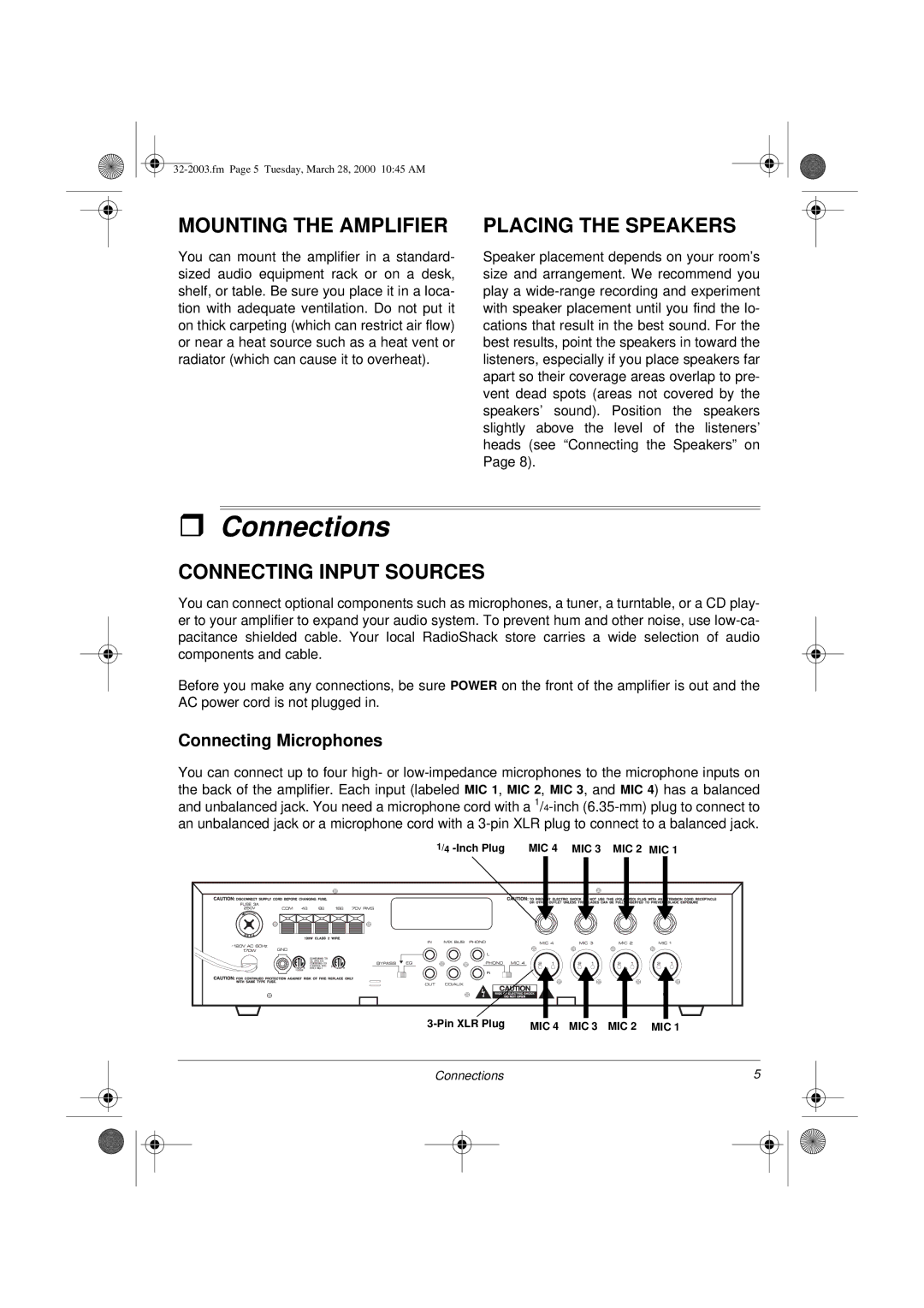 Radio Shack MPA-125 owner manual Connections, Mounting the Amplifier, Placing the Speakers, Connecting Input Sources 