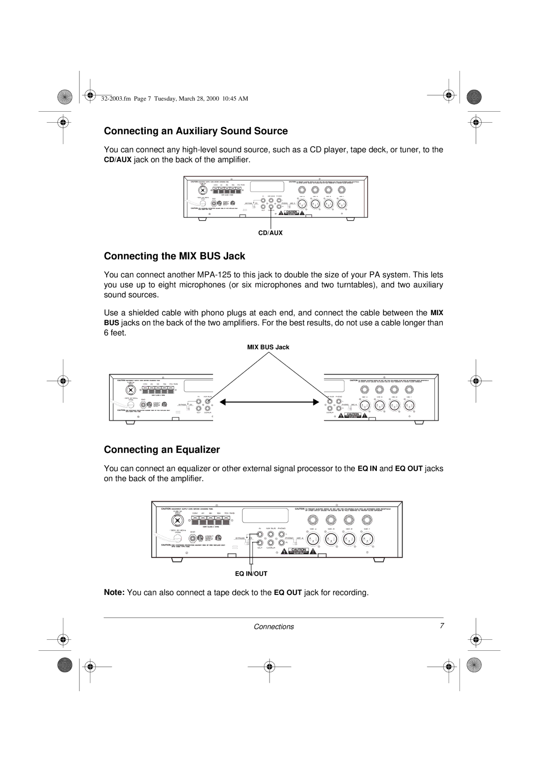 Radio Shack MPA-125 owner manual Connecting an Auxiliary Sound Source, Connecting the MIX BUS Jack, Connecting an Equalizer 