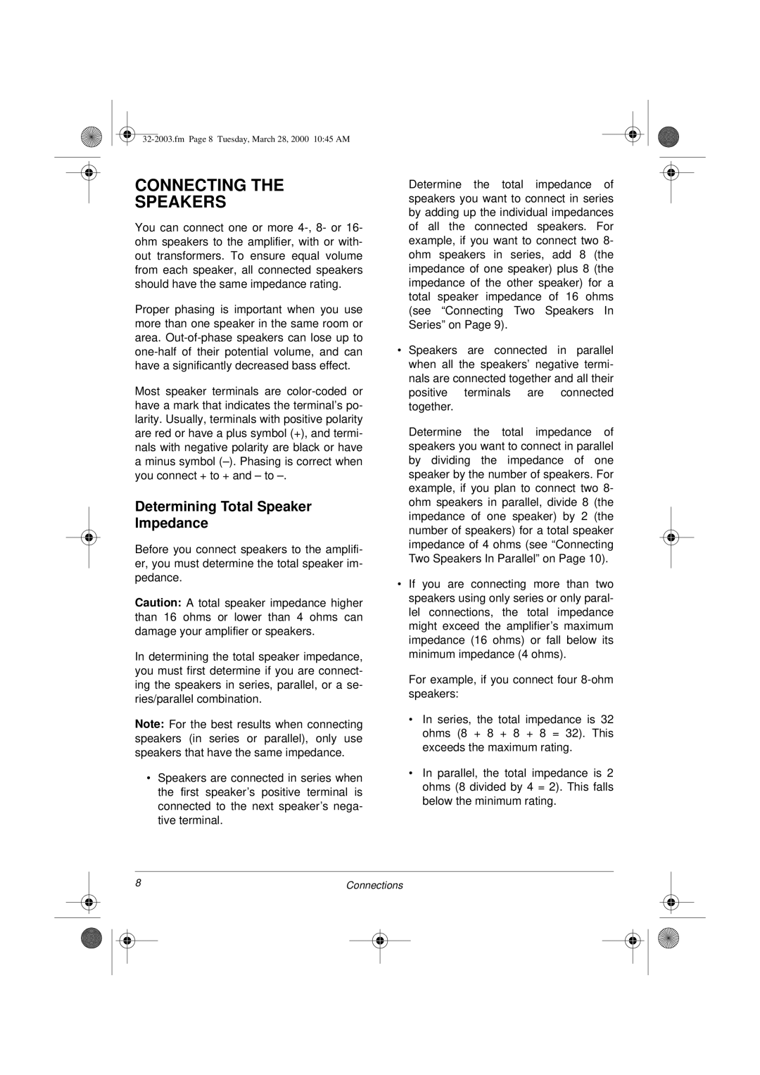 Radio Shack MPA-125 owner manual Connecting Speakers, Determining Total Speaker Impedance 