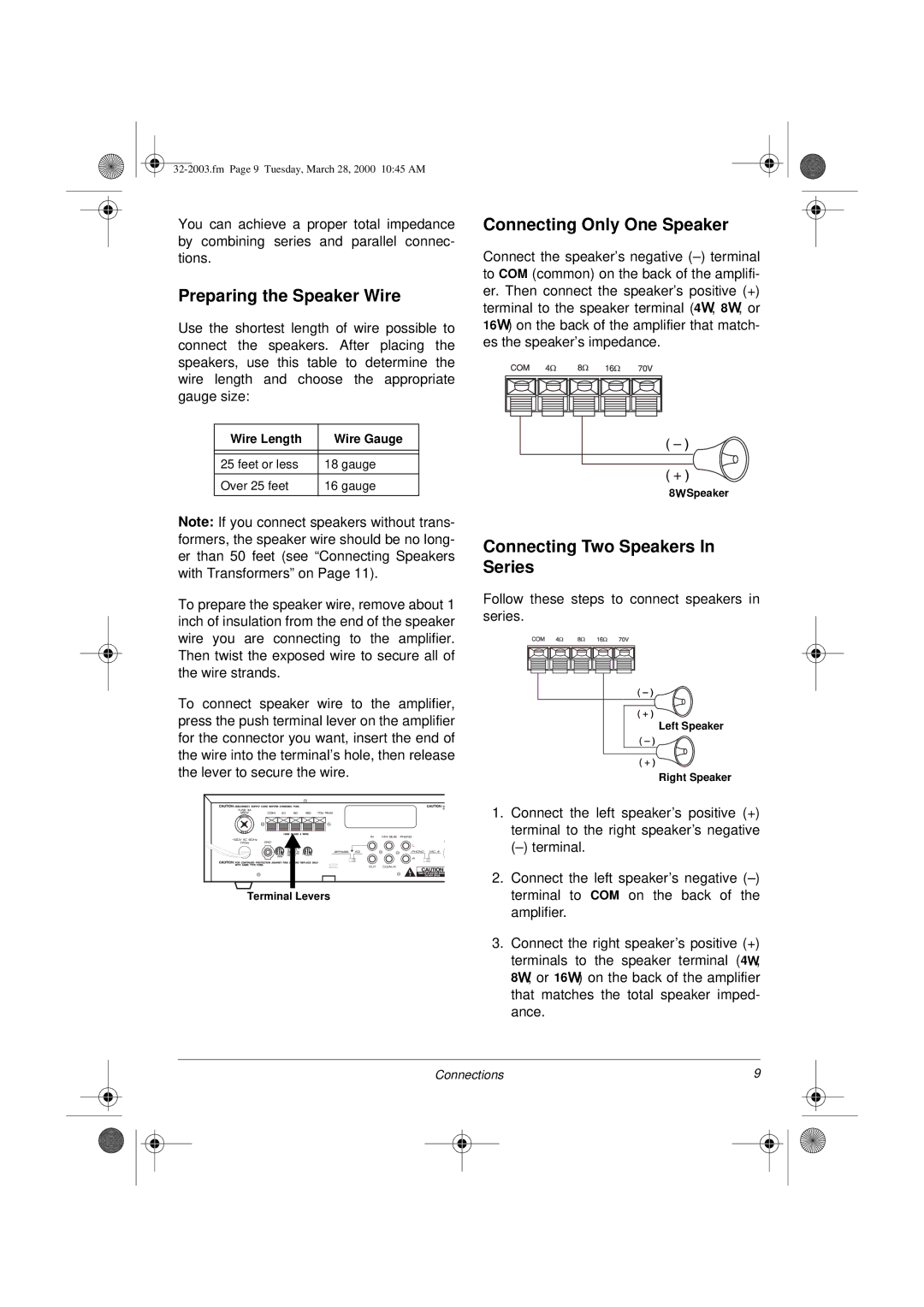 Radio Shack MPA-125 owner manual Preparing the Speaker Wire, Connecting Only One Speaker, Connecting Two Speakers In Series 