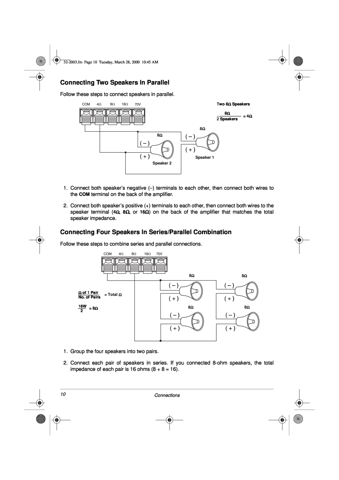 Radio Shack MPA-125 owner manual Connecting Two Speakers In Parallel 