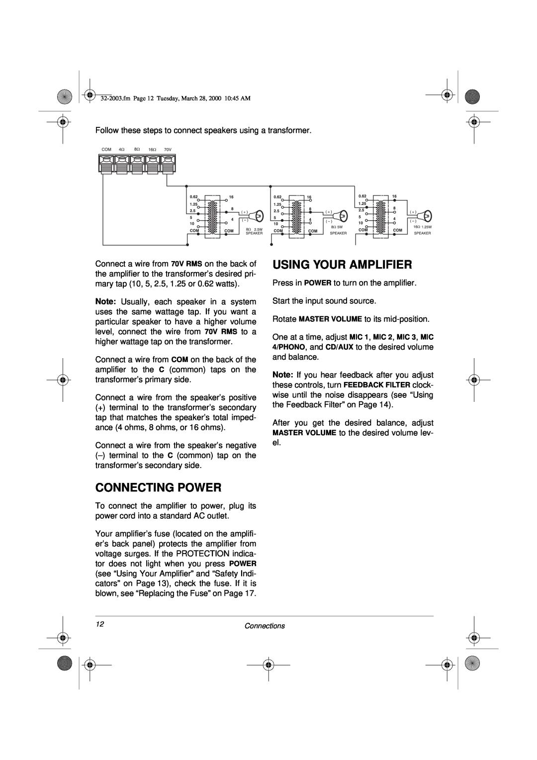 Radio Shack MPA-125 owner manual Using Your Amplifier, Connecting Power 