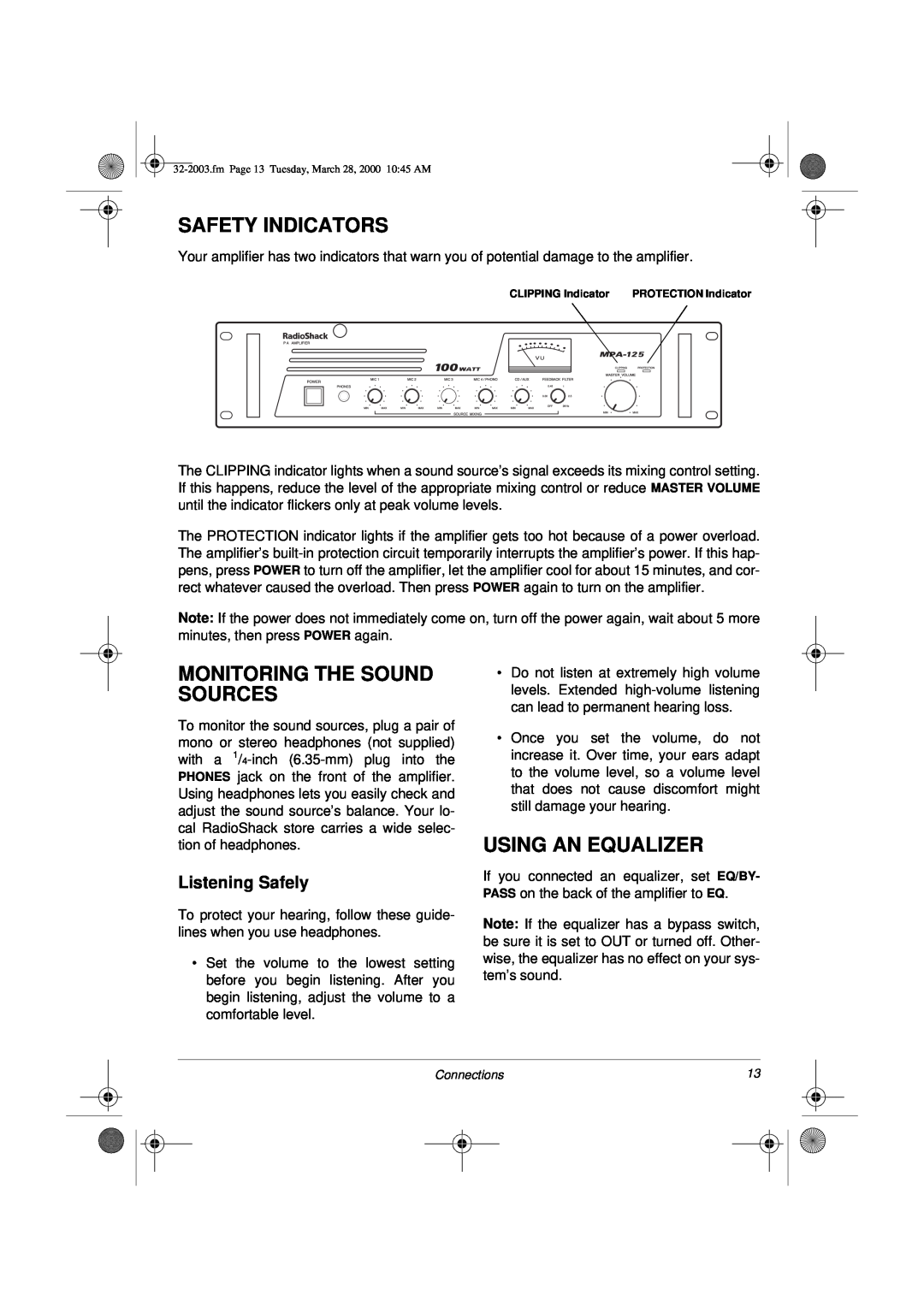 Radio Shack MPA-125 owner manual Safety Indicators, Monitoring The Sound Sources, Using An Equalizer, Listening Safely 