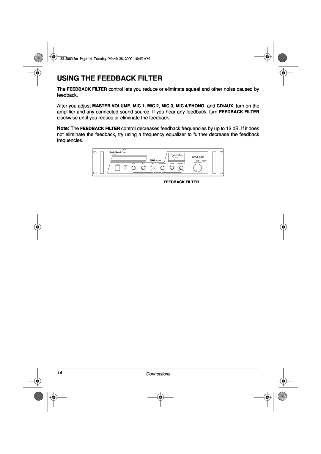 Radio Shack MPA-125 owner manual Using The Feedback Filter, Connections 