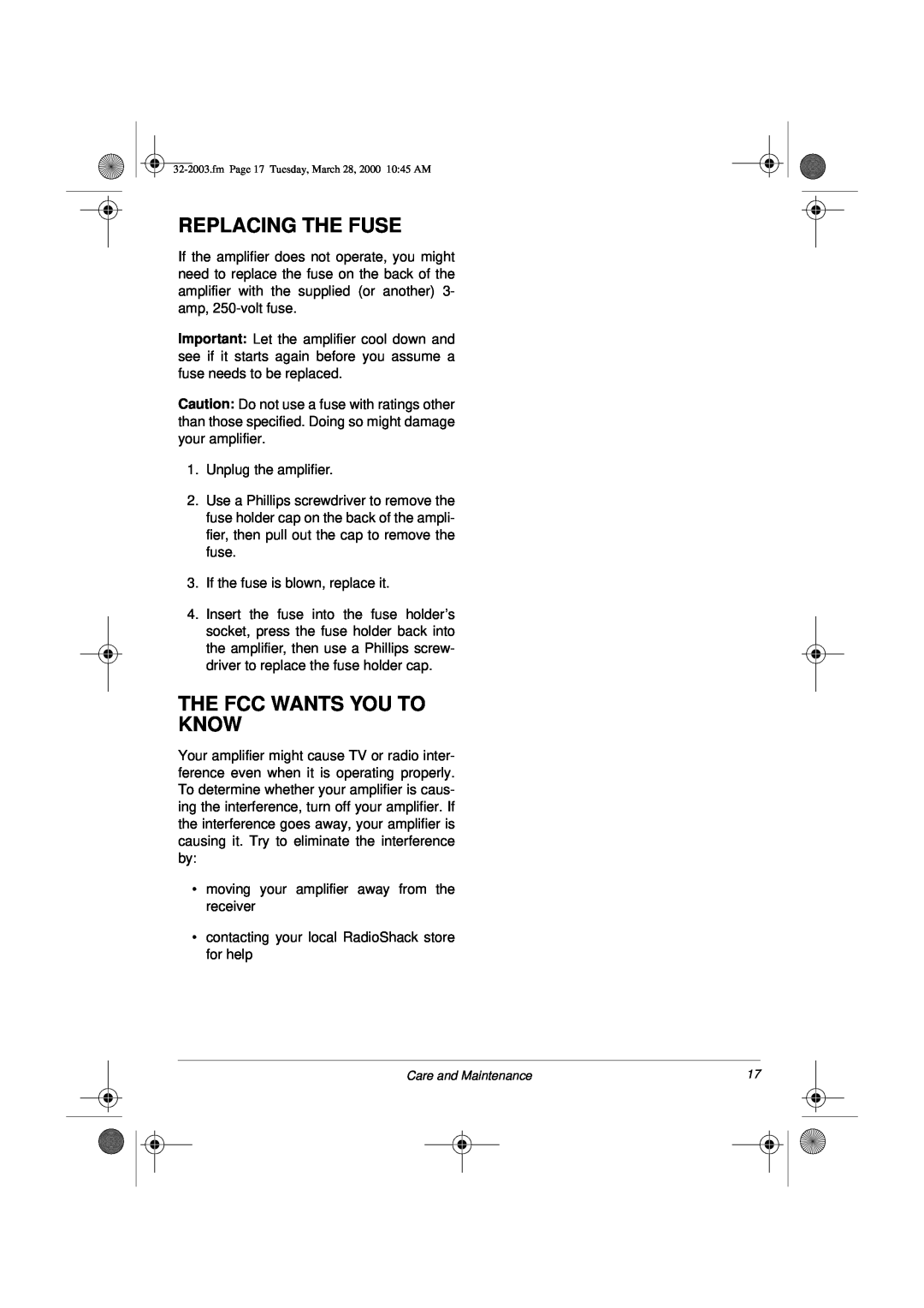 Radio Shack MPA-125 owner manual Replacing The Fuse, The Fcc Wants You To Know 