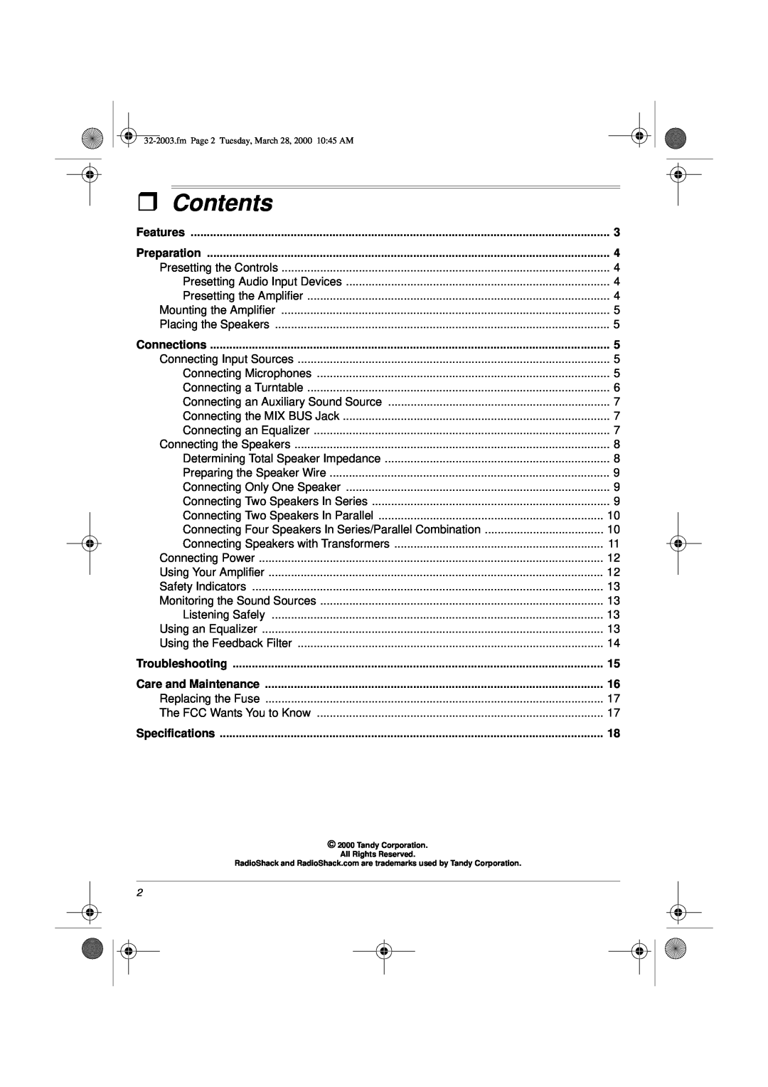 Radio Shack MPA-125 owner manual ˆ Contents 