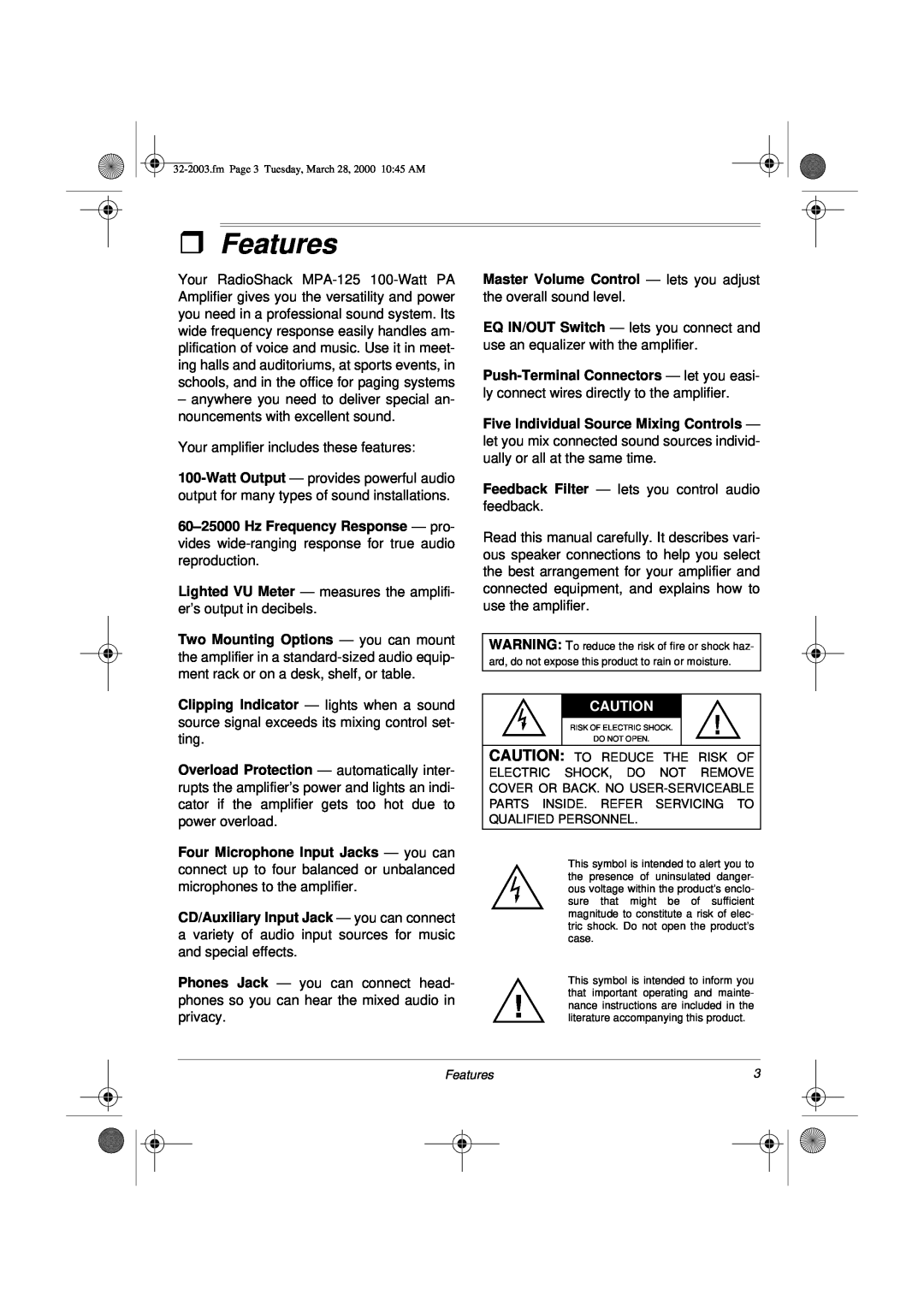 Radio Shack MPA-125 owner manual ˆFeatures 