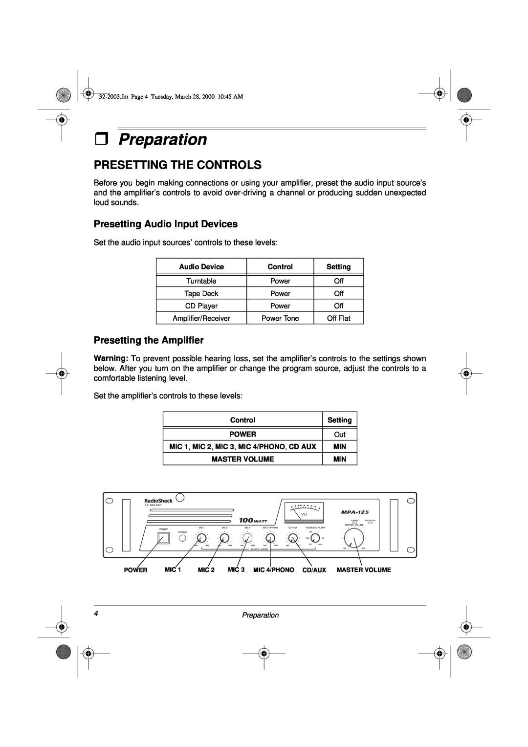 Radio Shack MPA-125 ˆPreparation, Presetting The Controls, Presetting Audio Input Devices, Presetting the Amplifier 