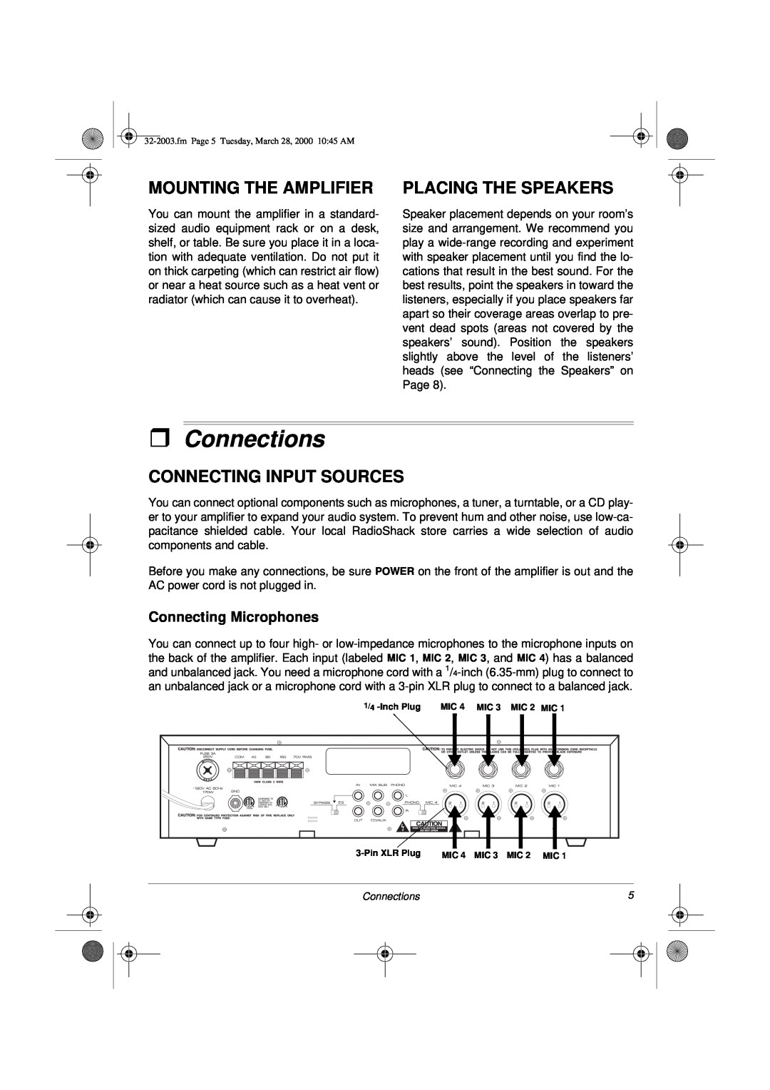 Radio Shack MPA-125 owner manual ˆConnections, Mounting The Amplifier, Placing The Speakers, Connecting Input Sources 