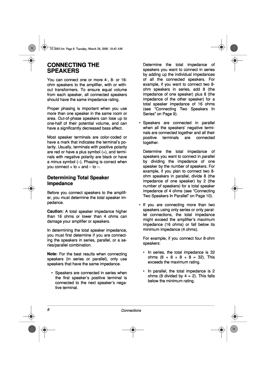 Radio Shack MPA-125 owner manual Connecting The Speakers, Determining Total Speaker Impedance 