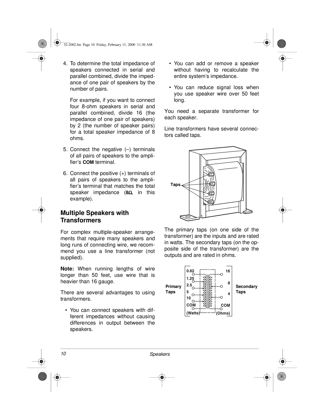 Radio Shack MPA-50 owner manual Multiple Speakers with Transformers 