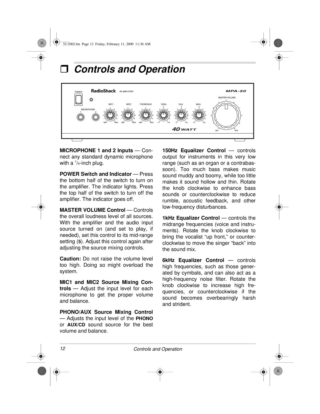 Radio Shack MPA-50 owner manual Controls and Operation 