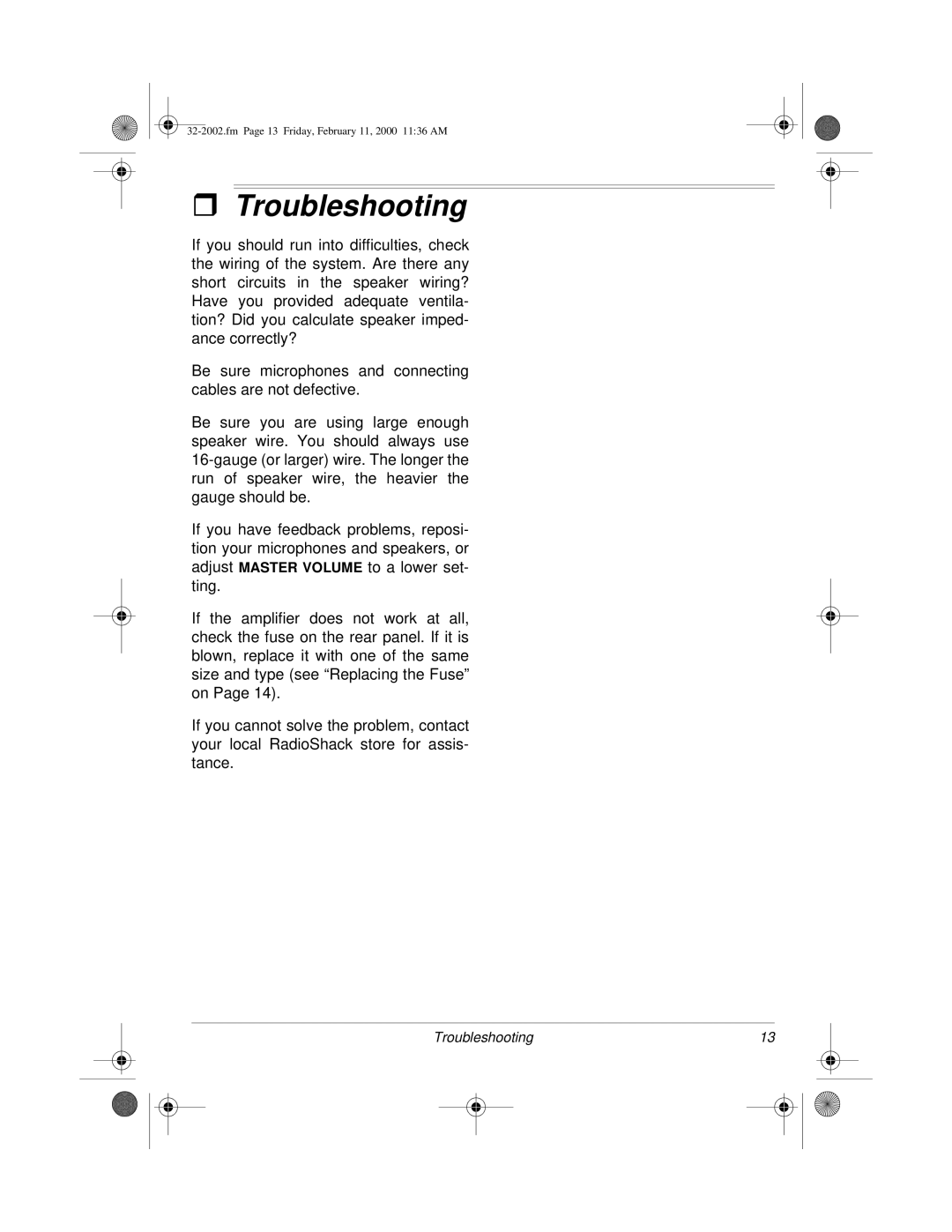 Radio Shack MPA-50 owner manual Troubleshooting 